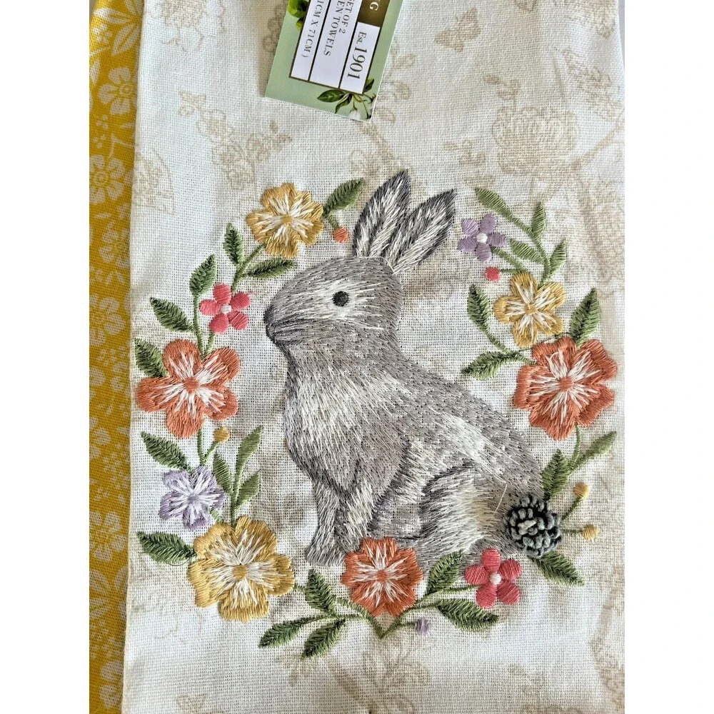 House & Garden Easter Bunny Kitchen Towels Set of 2 Embroidered Cotton Spring